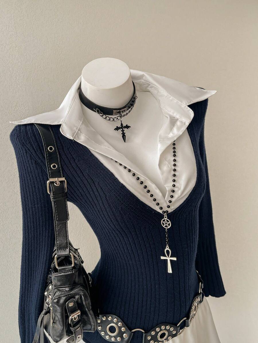 SHEIN Unity 女士休闲舒适宽松针织长袖二合一连衣裙 - 藏蓝色 - 查看 1