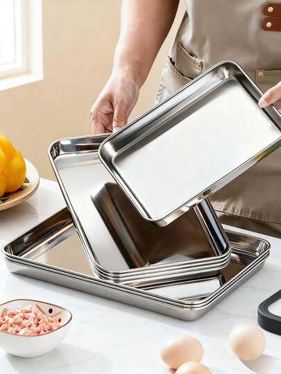 1 Pc / 3 Pc, Stainless Steel Service Tray, Baking Tray, Flat Bottom Steamer, Kitchen Food Storage Container, Perfect For Grilling Fish, Steamer, Baking Cake Baking Tray, Durable And Heat-Resistant, Baking Tray | Fashionable Kitchen Supplies | Durable Tray