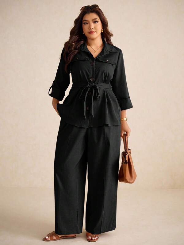 Elaquor Plus Size Casual Commuter Solid Color Shirt And Pants 2 Pieces Set