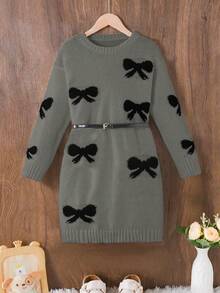 SHEIN 1件套女童毛衣裙，可爱款式，黑色蝴蝶结提花图案，圆领，常规袖长，袖口和下摆收紧，常规厚度，优雅象牙色针织裙，知性时尚修身，适合春秋冬 - 灰色 - 查看 3