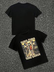 女式落肩夏季“Tung Tung Tun Sahur”趣味棒球棒表情包衬衫，休闲美式简约男士英文标语印花圆领短袖男女通用T恤，柔软T恤，Y2K女士时尚，商务休闲，海滩度假 - 黑色 - 查看 1