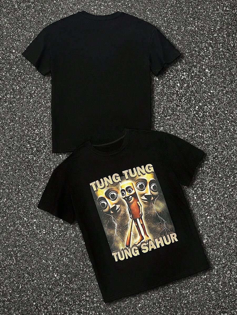 女式落肩夏季“Tung Tung Tun Sahur”趣味棒球棒表情包衬衫，休闲美式简约男士英文标语印花圆领短袖男女通用T恤，柔软T恤，Y2K女士时尚，商务休闲，海滩度假 - 黑色 - 查看 1