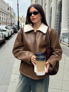 Aloruh 女士秋冬新款波西米亚风末日 Y2K 通勤休闲宽松扎染豹纹绒面革保暖内衬仿毛领夹克常规外套 - 棕色 - 查看 7