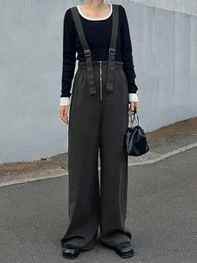 FRIFUL Women's Solid Color Straight Loose Casual Jumpsuit - Dark Grey - View 6