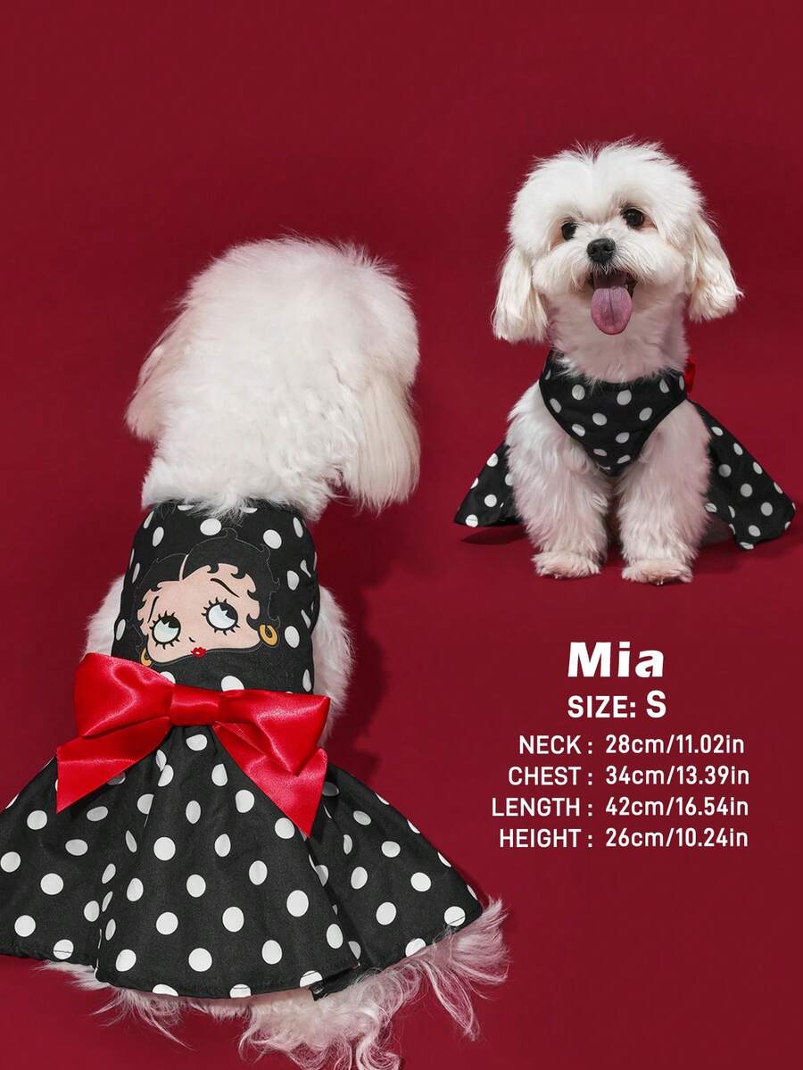 Betty Boop x SHEIN 1 Stück Haustier Rock mit Cartoon-Muster Aufdruck, Katzenkleidung, Hundekleidung, Größe XXS-XXXXL, Extra Small, Extra Large, Polka Punkte, Schleife.
