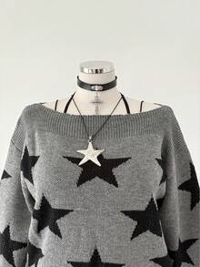 Sunspun Damen Große Größen Y2K Streetwear Stil Pentagramm Jacquard locker sitzendes Boot-Ausschnitt bequemes Strickkleid, geeignet für Herbst/Winter, Schulanfang, tägliche Fahrt, bestes Feriengeschenk für Halloween, Weihnachten - Grau - Übersicht 5