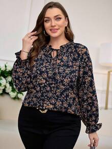 Reflora 大码女式优雅碎花图案荷叶边领长袖衬衫，秋季 - 彩色 - 查看 5