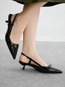 CUCCOO BIZCHIC 女士尖头低跟猫跟鞋黑色舒适通勤办公室日常百搭露跟平底鞋 - 黑色 - 查看 5