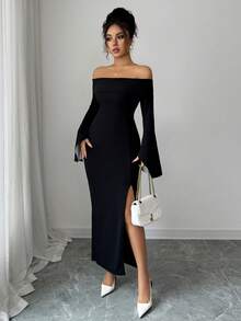 Elenzga Slit Off Shoulder Long Sleeve Fitted Elegant Party Dress For Women, Autumn/Winter