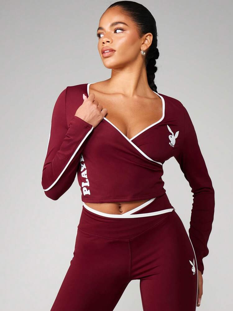Missguided x Playboy Top court à manches longues et col en V avec passepoil contrastant pour femmes, idéal pour l'entraînement