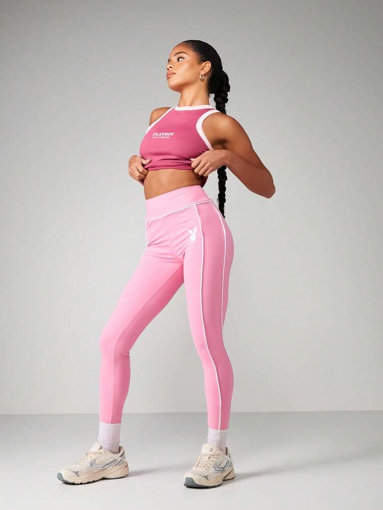 Missguided x Playboy High Waisted Piped Athletic Leggings For Running And Yoga Workouts