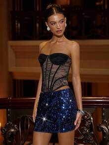 SHEIN BAE Women's Black Fashionable Lace Tube Top Corset,See-Through Elegant Club Party Top,Halloween Costumes,Black Floral,Summer,70s,Night Out,Party - Black - View 5
