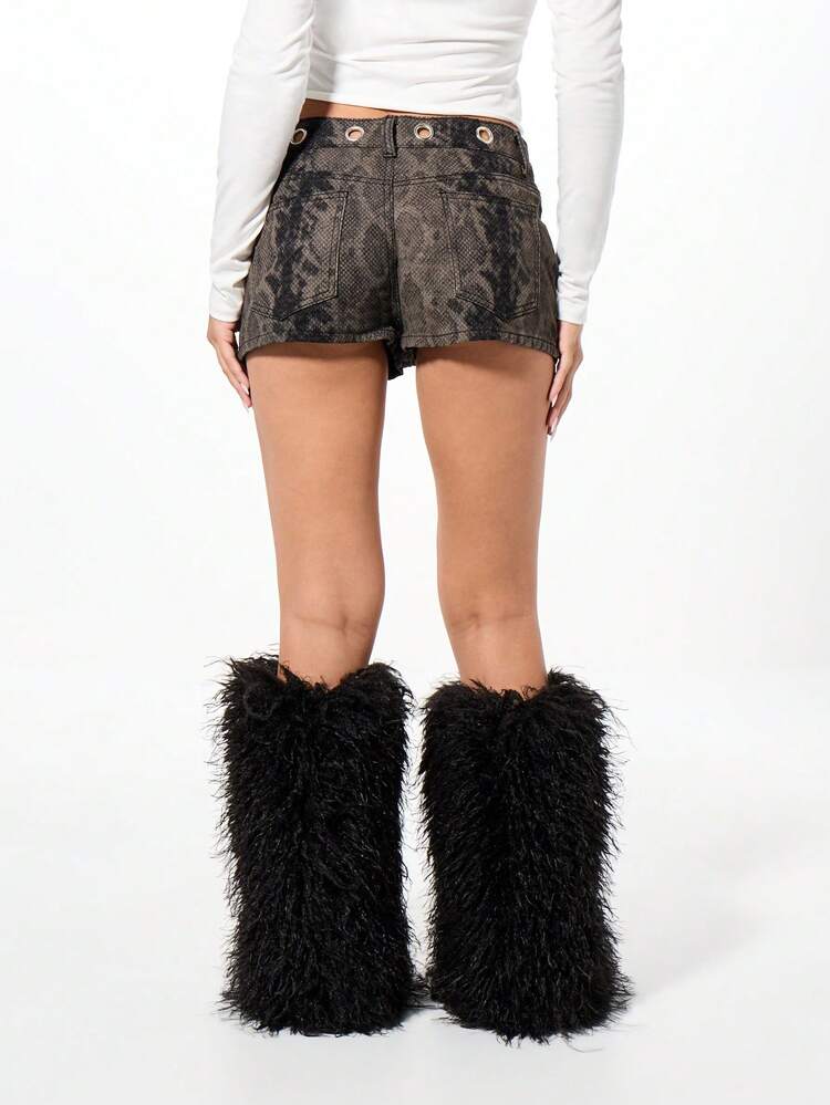 SUMWON WOMEN Snake Print Denim Shorts With Metal Eyelets