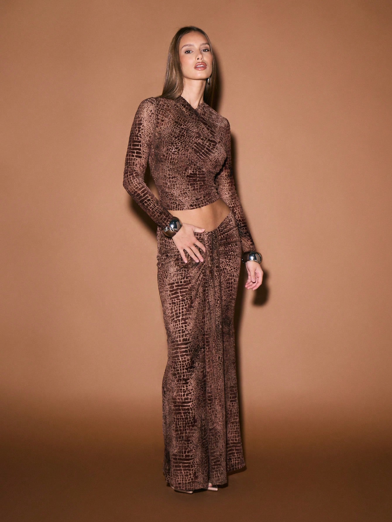 KIZN Crocodile Print Long Sleeve Hooded Crop Top