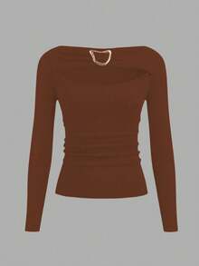 INAWLY Women's Fashion Solid Color Asymmetrical Metal Ring Hollow T-Shirt