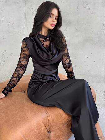 Firerie Women's Casual Elegant Satin Lace Patchwork Dress, Black Dress/Party And Festival Dress/Black Skirt/ Black Dresses For Women/Elegant Dresses For Party/Long Party Dress/Thanksgiving Outfits For Women/ New Year Dress/Winter Dresses For Women/Fall Clothes