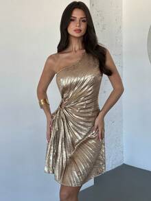 Firerie 女士休闲优雅荷叶边褶皱连衣裙/金色奢华舞会礼服/狂欢派对服装/不对称肩部连衣裙/优雅派对礼服/派对礼服/女士秋季服装/新年服装/秋季婚礼宾客礼服/闪亮礼服/女士金色礼服 - 白色 - 查看 7