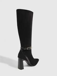 CUCCOO SZL 女士时尚高跟尖头黑色天鹅绒水钻装饰及膝靴 - 黑色 - 查看 4