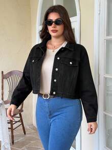 EMERY ROSE Plus Size Casual Commuter Cropped Denim Jacket - Black - View 6