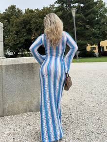 Jeta Ari Textured Stripe Knit Flared Maxi Dress Spring Summer Vacation Boho Ibiza Elegant Beach Cute The Beach House Festival Christmas, Halloween, Fall, Winter - Blue - View 2