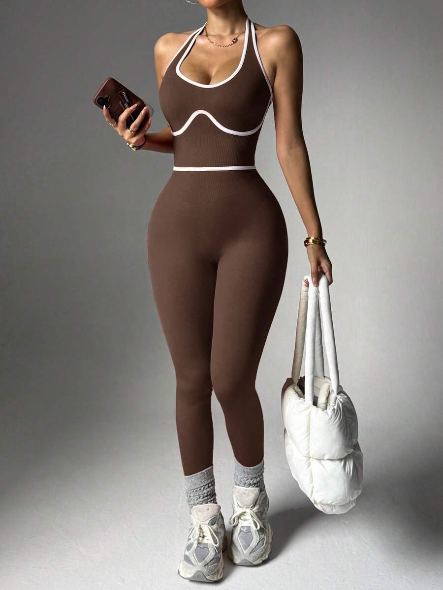 Slayform Contrast Trim Backless Halter Jumpsuit - Coffee Brown - View 1