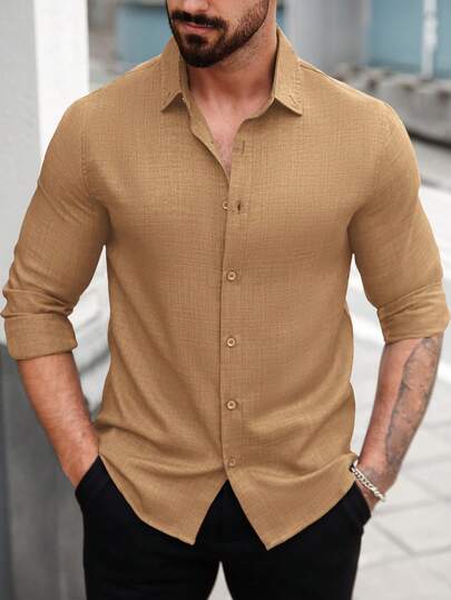 Manfinity CasualCool 男士休闲基本款纯色长袖条纹衬衫