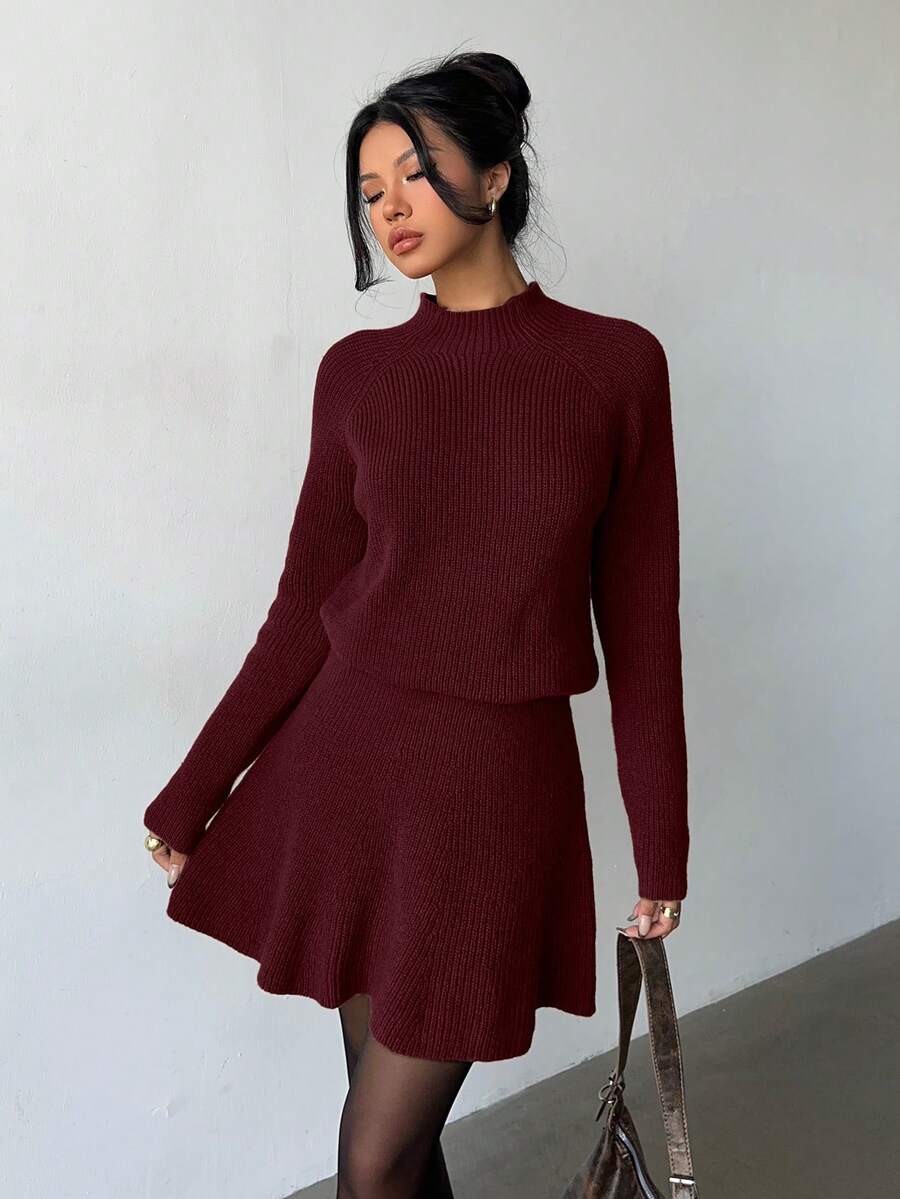SHEIN Elenzya Women Loose Casual Round Neck Textured Top And Pleated Skirt 2 Pieces Set - Burgundy - View 1