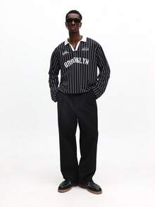 SUMWON Brooklyn 条纹长袖 Polo 衫，白色领子细节，休闲款 - 黑色 - 查看 3