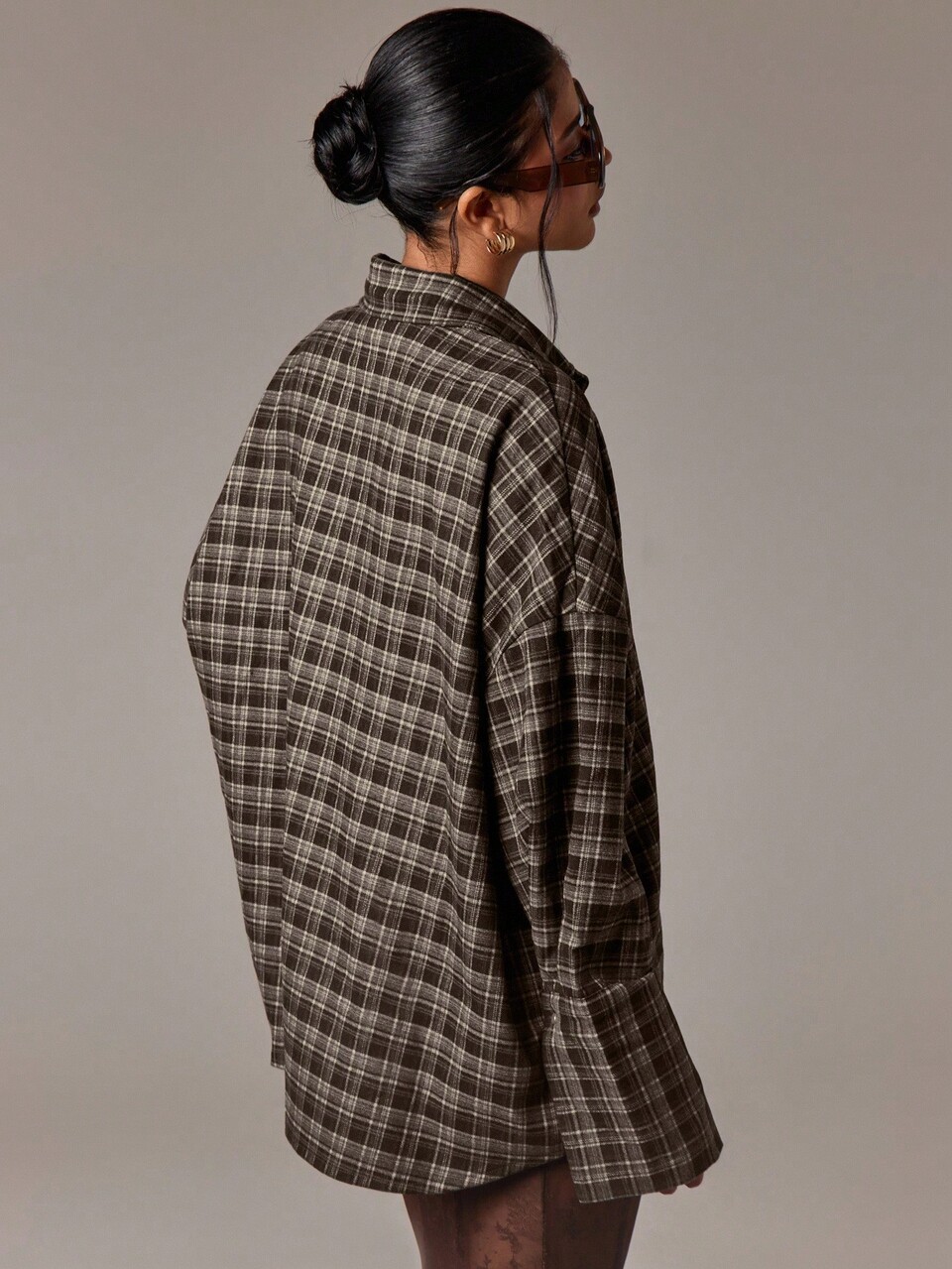 AiiRZ Oversized Checked Shirt With Patch Pocket Button Down Long Sleeve Fall Winter Blouse
