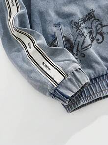 ROMWE MEN Street Life 男士落肩撞色条纹立领拉链时尚百搭创意玫瑰图案牛仔夹克 - 藍色 - 查看 8