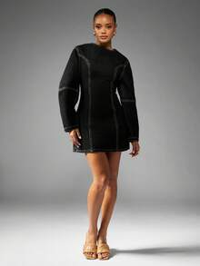 MISSGUIDED 修身迷你牛仔连衣裙，茧型袖，撞色缝线，适合秋季休闲穿着 - 黑色 - 查看 5