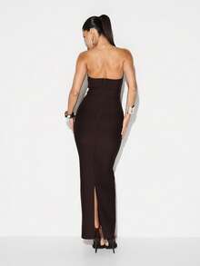 KIZN Đầm dạ hội Maxi bodycon hở lưng xẻ tà hình trái tim - Cà phê - Xem 2