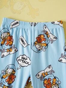 GARFIELD | SHEIN 2 件套小男孩条纹长袖上衣和可爱猫咪和泰迪熊全身印花裤睡衣套装，适合秋冬季 - 藍白色 - 查看 6