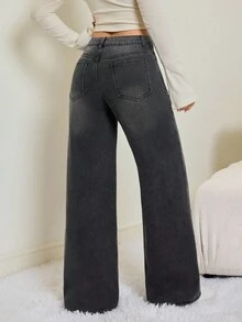 SHEIN Tall 秋冬季女士时尚百搭保暖直筒牛仔裤，冬季保暖黑色保暖内衬时尚舒适直筒黑色牛仔裤 - 深灰色 - 查看 5