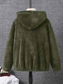 SHEIN 青少年男孩连帽休闲学院风柔软舒适简约百搭毛绒夹克，适合秋冬季，适合日常穿着、户外玩耍、学校、街头风格、派对和居家 - 軍綠色 - 查看 2