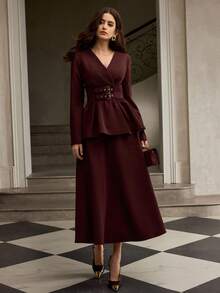 ZEYLAH 女式束腰 V 领长袖上衣和裙子两件套，秋冬 - 酒紅色 - 查看 8