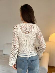 SHEIN Tall 女士度假休闲镂空钩针开衫秋冬装 - 杏色 - 查看 2