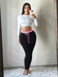 SHEIN SXY 性感休闲高弹力黑白拼接女式长款紧身裤，适合秋冬季 - 淺粉色 - 查看 3