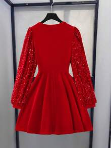 SHEIN Clasi 女式 V 领长袖红色亮片拼布腰部修身弹力串珠闪亮优雅日常穿着派对节日迷你连衣裙 - 紅色 - 查看 9