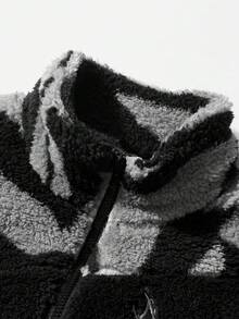 ROMWE MEN Goth 男士秋冬斑马纹长袖拉链领羊毛夹克 - 黑色 - 查看 3