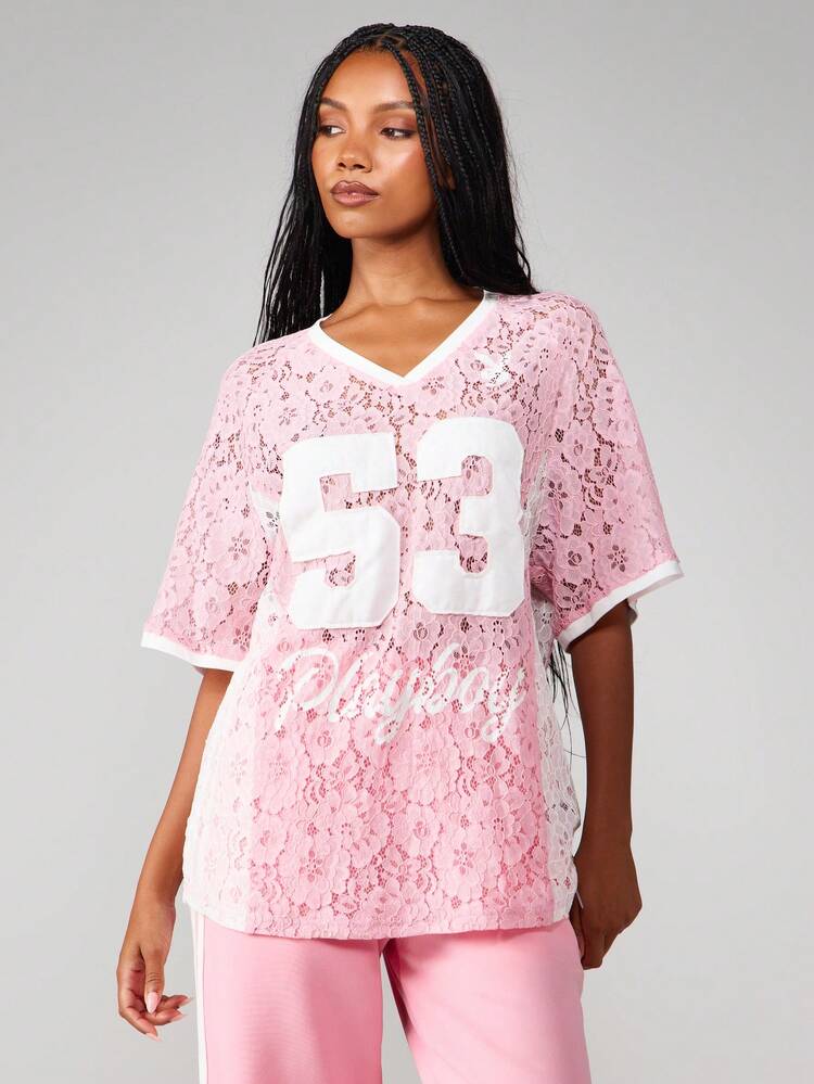 Missguided x Playboy Lace V-Neck Short Sleeve Oversized T-Shirt With Football Number Print For Casual Summer Wear