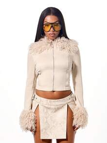 SUMWON WOMEN Cropped Fur Trim Jacket With Zip Closure And Feather Details Winter Outerwear Fashion Statement Piece - Apricot - View 3