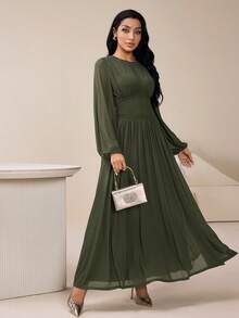 女士优雅纯色束腰阿拉伯风格连衣裙 - 軍綠色 - 查看 5