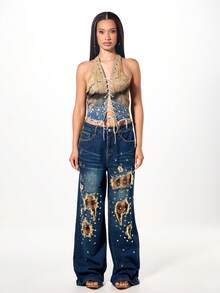 SUMWON WOMEN Vintage Acid Wash Halter Neck Lace Up Denim Crop Top Festival Summer Concert Distressed Boho Grunge Style - Blue - View 3