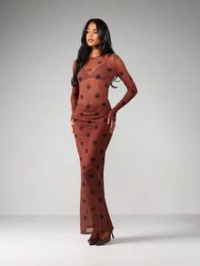 MISSGUIDED Polka Dot Mesh Bodysuit Long Sleeve Sheer See Through Fitted Top Fall Winter Party Club