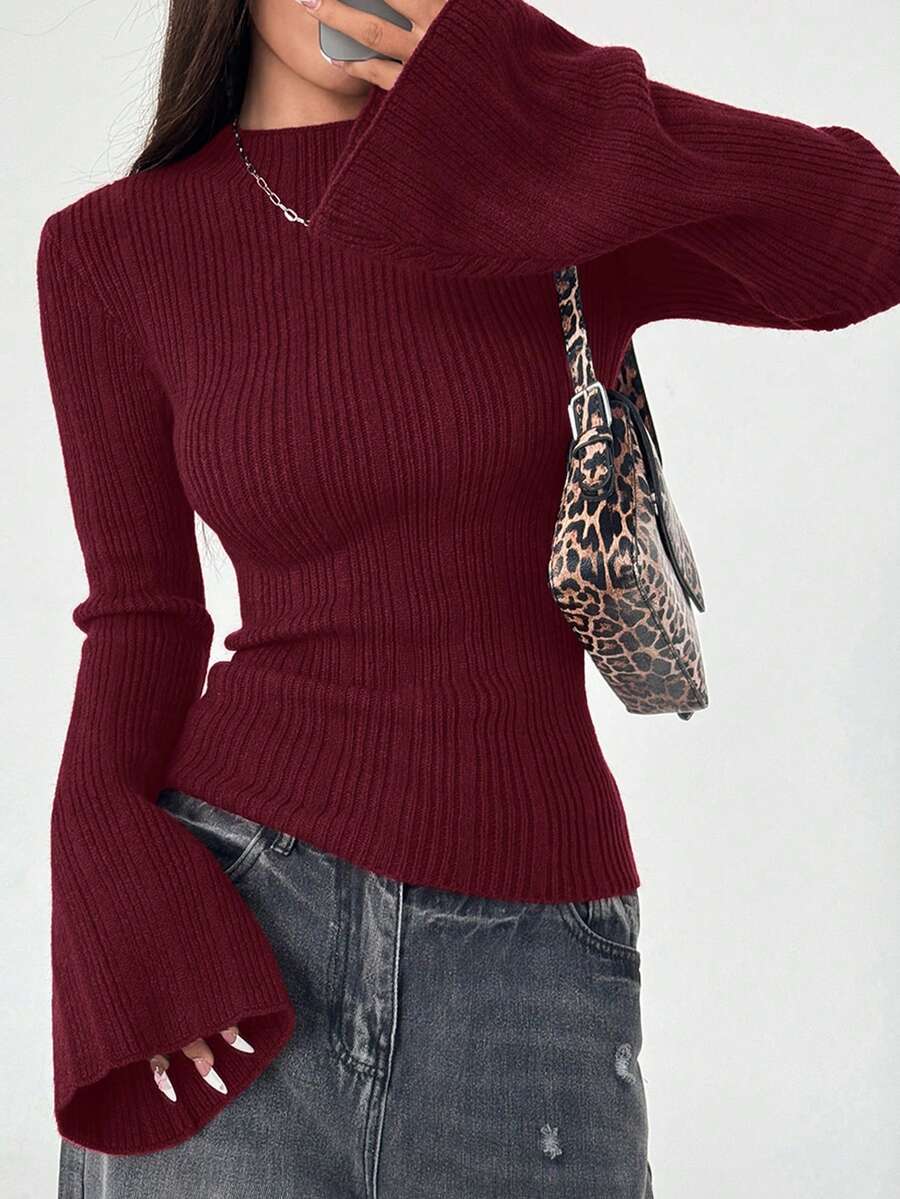 Flirla Áo len bó tay chuông màu trơn thời trang dành cho nữ, Thu/Đông - Màu Đỏ Sâu - Xem 1