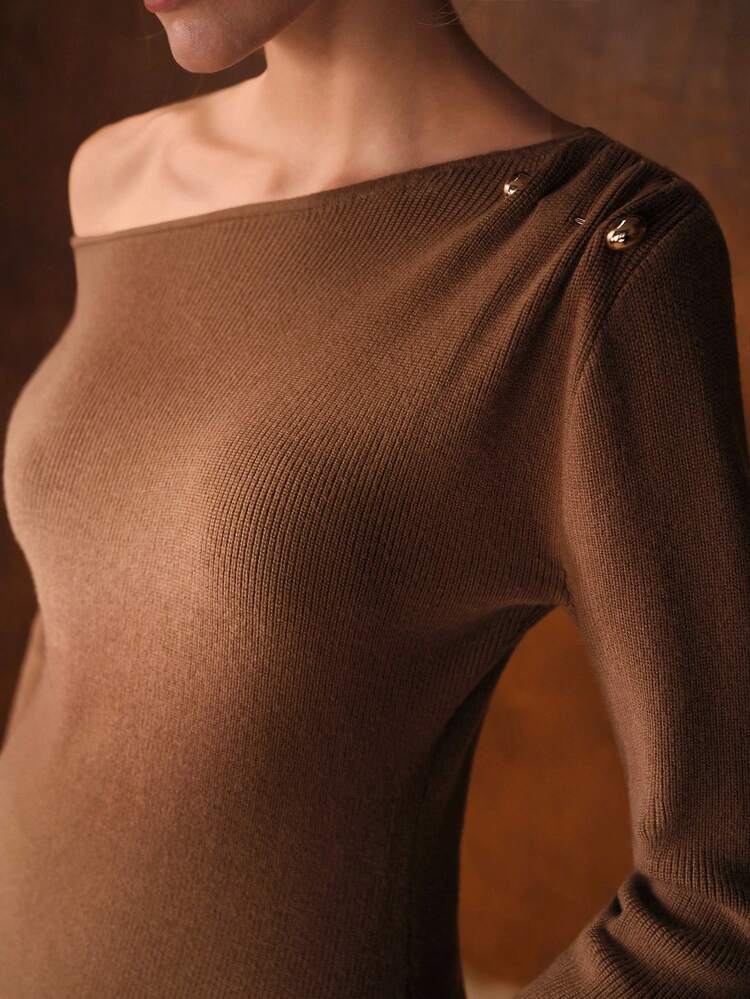 Chic 2 Pieces Knit Set: Metallic Decor Asymmetrical Shoulder Long Sleeve Sweater & Wide Leg Knit Pants, Autumn/Winter