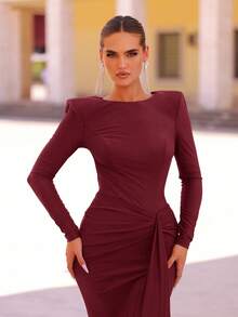 Glamrae Elegant Dark Brown Shiny Long Sleeve Formal Evening Gown,Wide Boat Neck Waist Twist Drape Open Back Mermaid Hem Dress For Wedding Party,Birthday - Burgundy - View 3