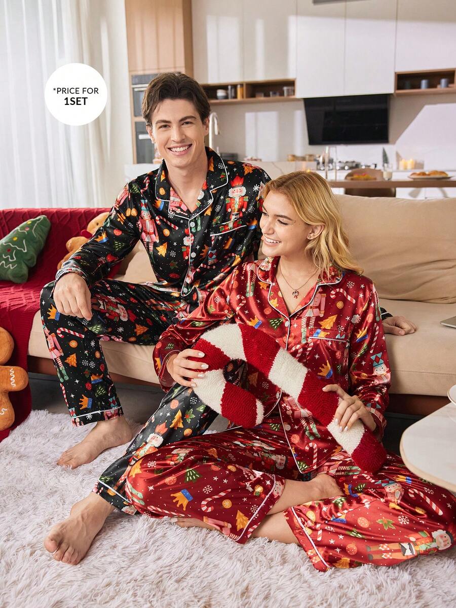 CoupledUp 男士家居服套装 圣诞睡衣 情侣睡衣 睡衣套装 秋冬睡衣 - 黑色 - 查看 1