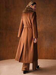 MOTF PREMIUM Abrigo de lana digno con cuello de piel, mangas acampanadas y cintura con lazo para otoño/invierno - Caqui - Ver 4